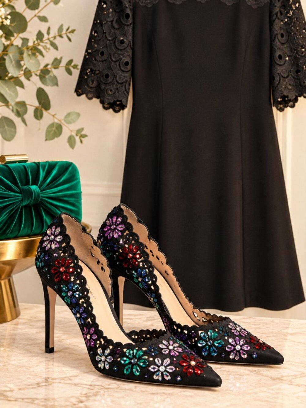 INC Size 11 Black Jeweled Floral Rhinestone Cutout Stiletto Pumps